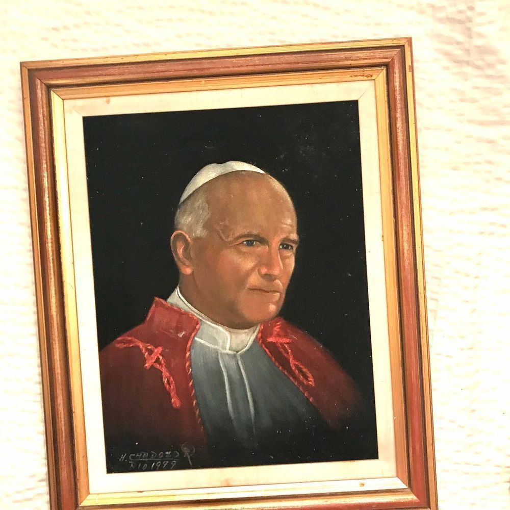 RARE Pope John Paul II Painted Portrait on Velvet, Vintage Religious Wall Hangin